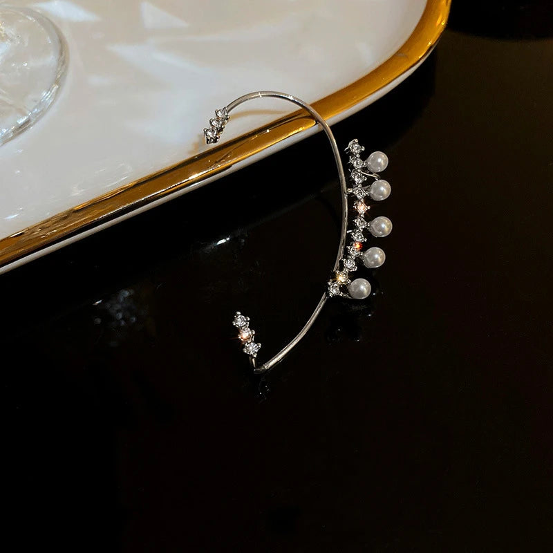 Fashion Shiny Zircon Pearl Ear Clip Ear Cuff for Women Silver Color Metal No Piercing Fake Cartilage Earrings Wedding Jewelry