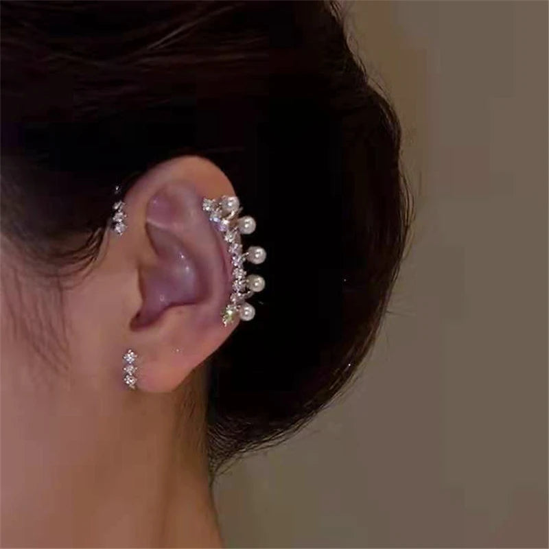 Fashion Shiny Zircon Pearl Ear Clip Ear Cuff for Women Silver Color Metal No Piercing Fake Cartilage Earrings Wedding Jewelry