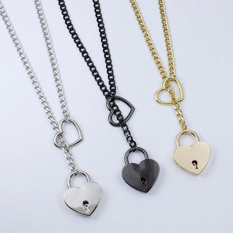 Fashion Jewelry New Slip Chain Necklace Heart O-Ring Rock Cuban Long Necklace Adjustable Heart Shaped Lock Core with Key