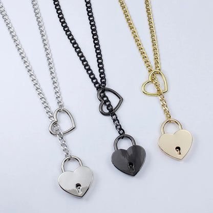 Fashion Jewelry New Slip Chain Necklace Heart O-Ring Rock Cuban Long Necklace Adjustable Heart Shaped Lock Core with Key