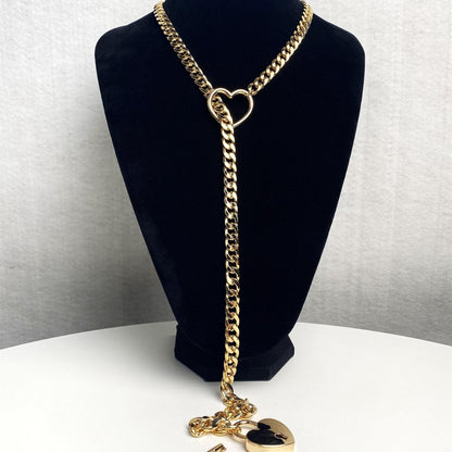Fashion Jewelry New Slip Chain Necklace Heart O-Ring Rock Cuban Long Necklace Adjustable Heart Shaped Lock Core with Key