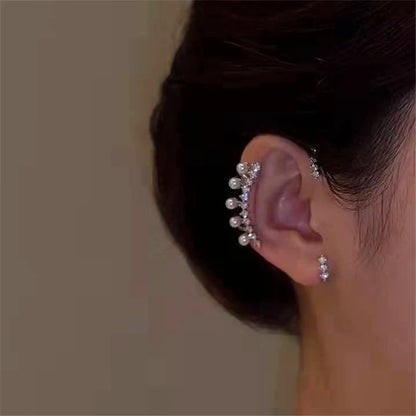 Fashion Shiny Zircon Pearl Ear Clip Ear Cuff for Women Silver Color Metal No Piercing Fake Cartilage Earrings Wedding Jewelry