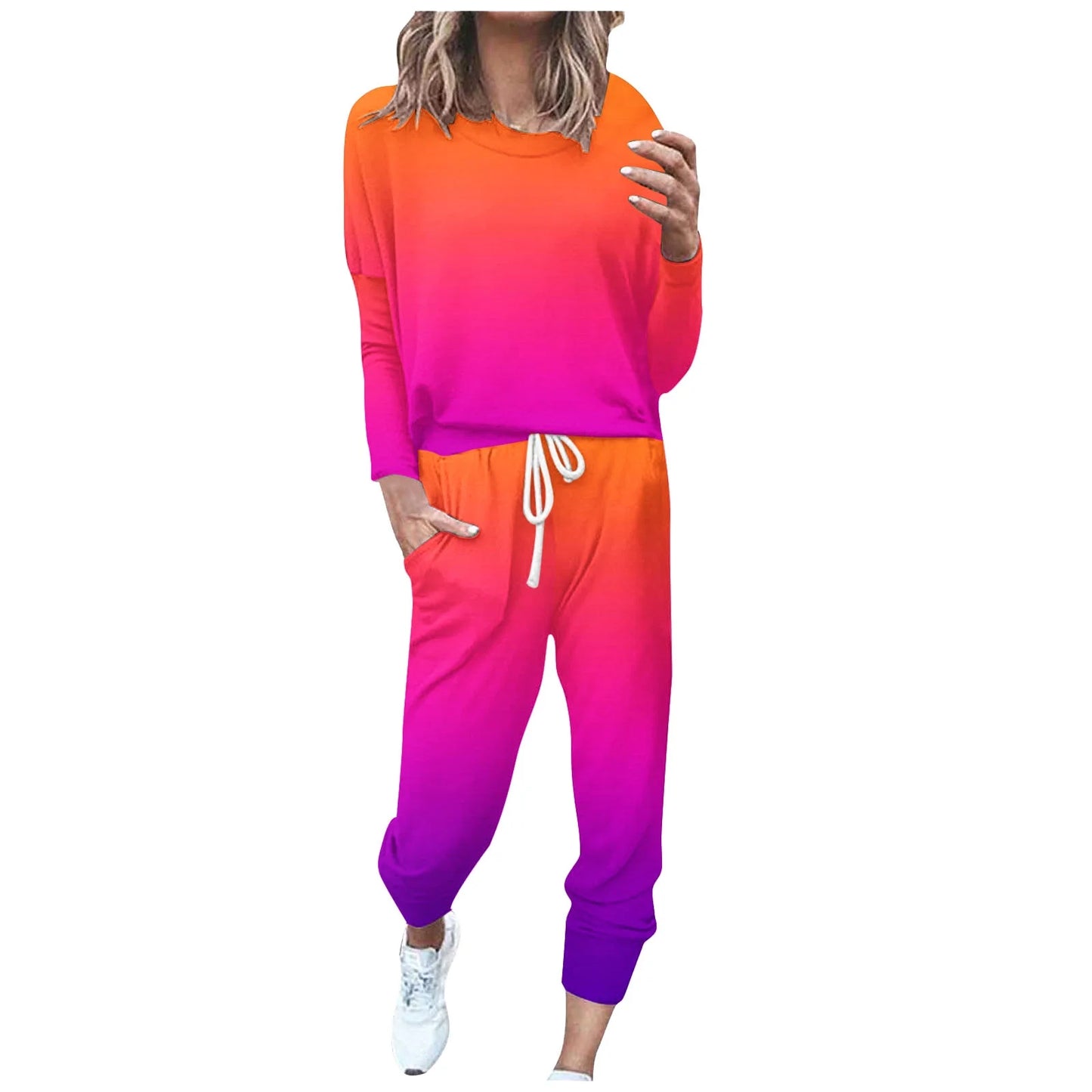 Womens Two Piece Outfits Casual Tracksuits Tie Dye Summer Lounge Sets Sweatsuits with Sweatpants Loungewear Long Sleeve Gradient Printed 2 Pieces Jogger Sets