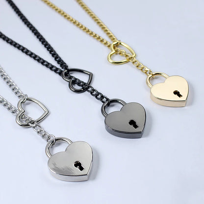Fashion Jewelry New Slip Chain Necklace Heart O-Ring Rock Cuban Long Necklace Adjustable Heart Shaped Lock Core with Key