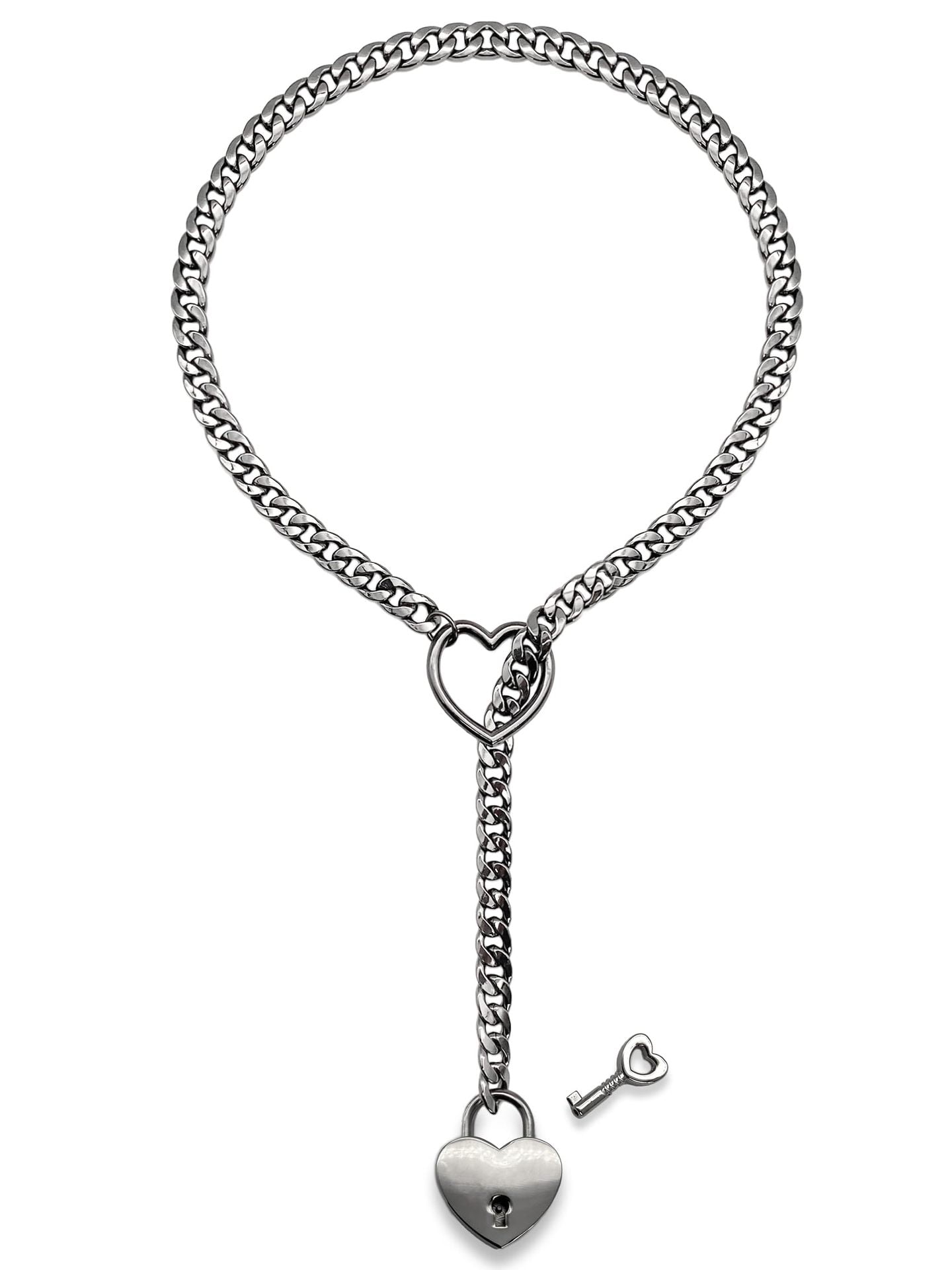 Fashion Jewelry New Slip Chain Necklace Heart O-Ring Rock Cuban Long Necklace Adjustable Heart Shaped Lock Core with Key