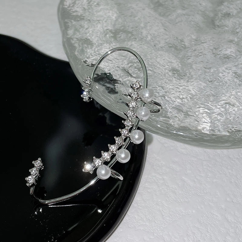 Fashion Shiny Zircon Pearl Ear Clip Ear Cuff for Women Silver Color Metal No Piercing Fake Cartilage Earrings Wedding Jewelry