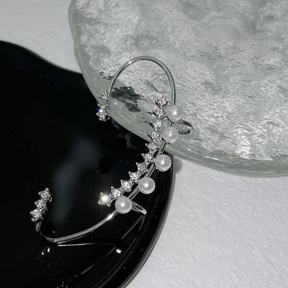 Fashion Shiny Zircon Pearl Ear Clip Ear Cuff for Women Silver Color Metal No Piercing Fake Cartilage Earrings Wedding Jewelry