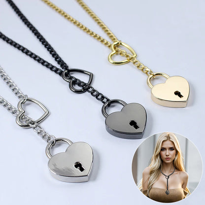 Fashion Jewelry New Slip Chain Necklace Heart O-Ring Rock Cuban Long Necklace Adjustable Heart Shaped Lock Core with Key