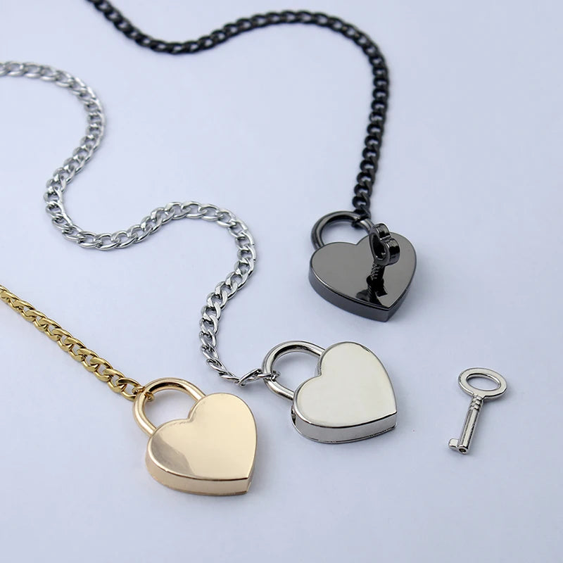 Fashion Jewelry New Slip Chain Necklace Heart O-Ring Rock Cuban Long Necklace Adjustable Heart Shaped Lock Core with Key
