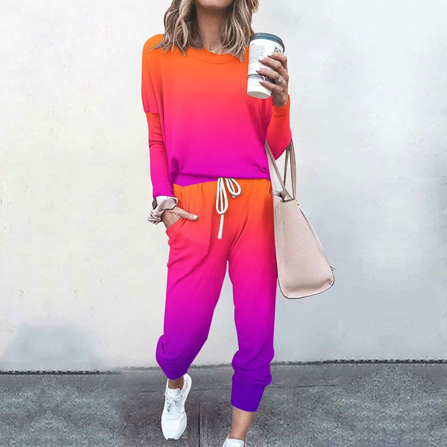 Womens Two Piece Outfits Casual Tracksuits Tie Dye Summer Lounge Sets Sweatsuits with Sweatpants Loungewear Long Sleeve Gradient Printed 2 Pieces Jogger Sets