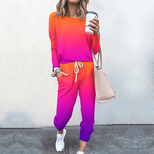 Womens Two Piece Outfits Casual Tracksuits Tie Dye Summer Lounge Sets Sweatsuits with Sweatpants Loungewear Long Sleeve Gradient Printed 2 Pieces Jogger Sets